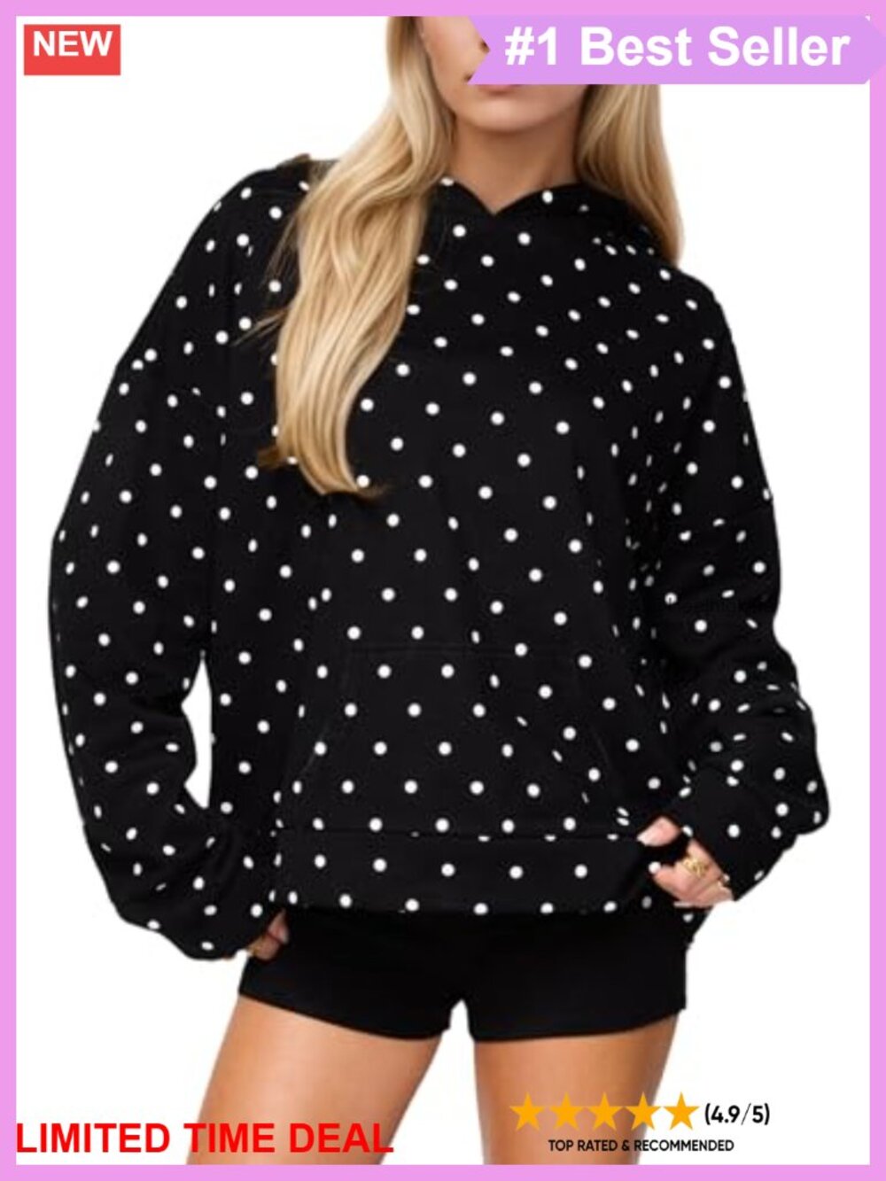 Oversized Fleece Polka Dot Hoodie Long Sleeve Pullover Top